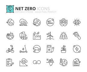 Simple set of outline icons about net zero. Sustainable development. - 532402617