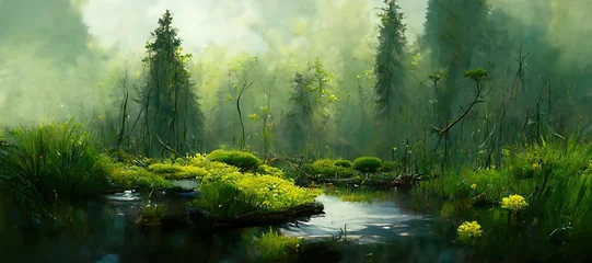 Foto op Plexiglas Betoverend aquarel groenblijvend bos, oude grove bomen, mos en varens. Kalme rustige natuur groene scène. Wilde bloemen, fantasiebosmoeras, moerasgras, veenrivieren en bronnen. © SoulMyst