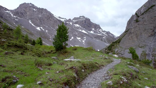 Aerial drone footage flying along a remote mountain trail in a glacial mountain landscape with patches of snow and isolated trees in an alpine meadow in Switzerland.