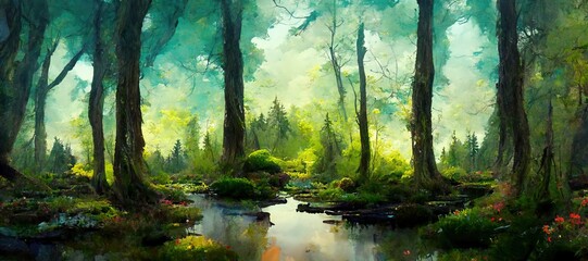 Enchanting watercolor evergreen forest, old grove trees, moss and ferns. Calm tranquil nature green scene. Wild flowers, fantasy woodland swamp, wetland grass, fen river streams and springs.  - obrazy, fototapety, plakaty