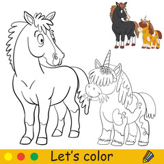 Coloring and color cute pony unicorn and surprised horse