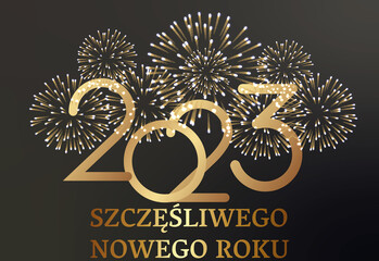 Fototapeta karta lub baner na szczęśliwego nowego roku 2023 w złocie z fajerwerkiem w złotym kolorze na czarno-szarym tle gradientowym obraz
