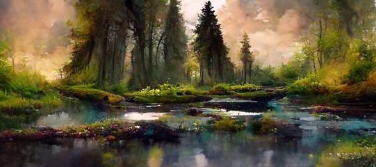 Naklejka na ściany i meble Enchanting watercolor evergreen forest, old grove trees, moss and ferns. Calm tranquil nature green scene. Wild flowers, fantasy woodland swamp, wetland grass, fen river streams and springs. 