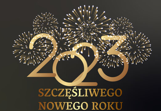 karta lub baner na szczęśliwego nowego roku 2023 w złocie z fajerwerkiem w złotym kolorze na czarno-szarym tle gradientowym