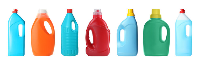 Set with bottles of different cleaning products on white background, banner design. Household chemicals - obrazy, fototapety, plakaty