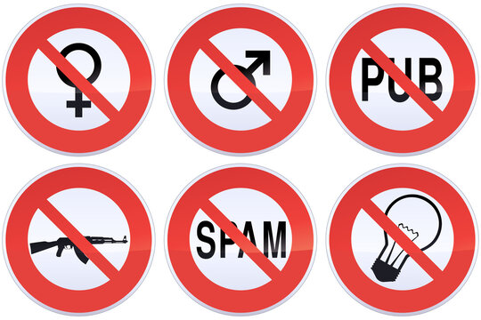 Collection of red and white circular prohibition signs with the crossed out symbol of the male, the female, a light bulb, automatic weapon, the wording spam and the wording pub (advertising in french)