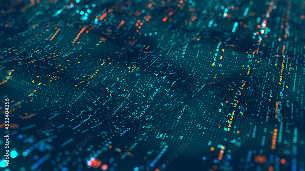 Poster Tech cyber code stream. Terabytes of binary code data flying in a stream of information. Wavy field of coded blockchains. Neural network, points and numbers 3D illustration
