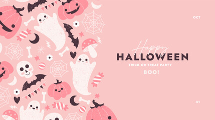 Cute pink halloween horizontal design template. Textured illustration of monsters. . Vector illustration