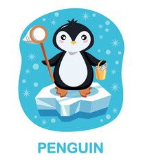 cartoon, cute penguin, on ice floe, blue background. Cards for learning children