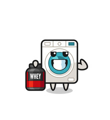 the muscular washing machine character is holding a protein supplement