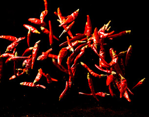 Flying Dry hot red chili on black background