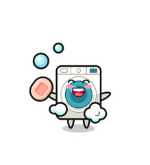 washing machine character is bathing while holding soap