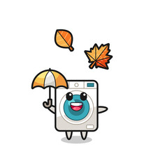 cartoon of the cute washing machine holding an umbrella in autumn