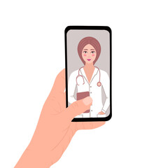 Online doctor consultation. Telemedicine concept. Vector Illustration for printing, backgrounds, covers and packaging. Image can be used for posters and stickers. Isolated on white background.