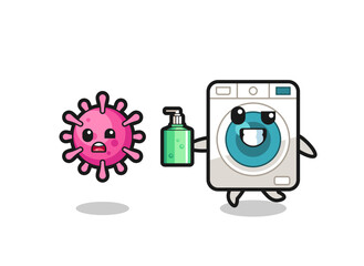 illustration of washing machine character chasing evil virus with hand sanitizer