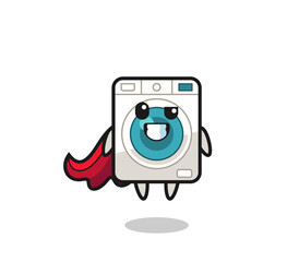 the cute washing machine character as a flying superhero