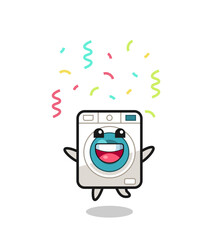 happy washing machine mascot jumping for congratulation with colour confetti