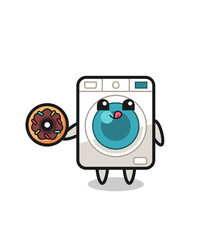 illustration of an washing machine character eating a doughnut