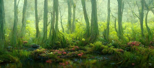 Fototapeta premium Enchanting watercolor evergreen forest, old grove trees, moss and ferns. Calm tranquil nature green scene. Wild flowers, fantasy woodland swamp, wetland grass, fen river streams and springs. 