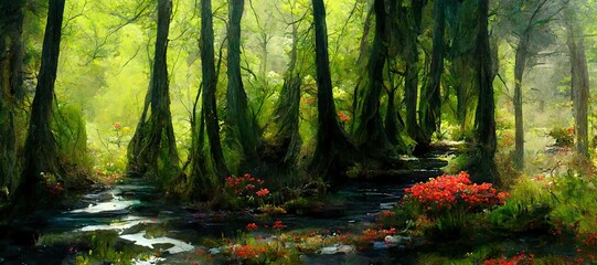 Enchanting watercolor evergreen forest, old grove trees, moss and ferns. Calm tranquil nature green scene. Wild flowers, fantasy woodland swamp, wetland grass, fen river streams and springs. 