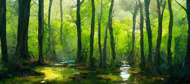 Enchanting watercolor evergreen forest, old grove trees, moss and ferns. Calm tranquil nature green scene. Wild flowers, fantasy woodland swamp, wetland grass, fen river streams and springs. 