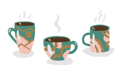 Mugs of hot beverage. Decorative ceramic tea or coffee cups. Hand drawn vector illustration