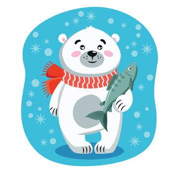 cartoon, cute polar bear on a blue background. Flashcards for kids to learn