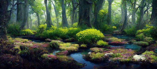 Enchanting watercolor evergreen forest, old grove trees, moss and ferns. Calm tranquil nature green scene. Wild flowers, fantasy woodland swamp, wetland grass, fen river streams and springs. 