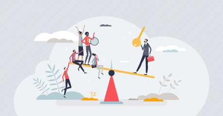 Fototapeta premium Key employee as most valuable and important colleague tiny person concept. Best staff member with skills, knowledge, experience and professional qualities vector illustration. Quality vs quantity.