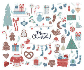 Big Christmas set. New Years decor, traditional symbols and gingerbread, sleigh with gifts and Christmas tree decorations, knitted socks and skates, garland and pretzel. Vector colored elements.