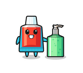 cute toothpaste cartoon with hand sanitizer