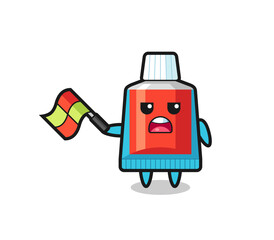 toothpaste cartoon as the line judge hold the flag up at a 45 degree angle