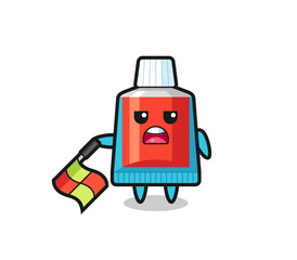 toothpaste character as line judge hold the flag down at a 45 degree angle