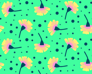 Abstract Hand Drawing Retro Cute Carnation Flowers and Dots Seamless Vector Pattern Isolated Background