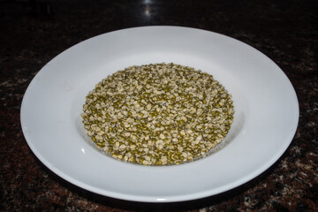 Dried Split Moong Dal or chilka moong dal (Vigna radiata) on a white plate in studio settings....