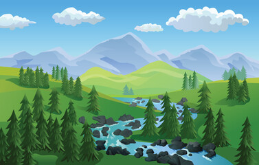 landscape with river, mountains and trees vector