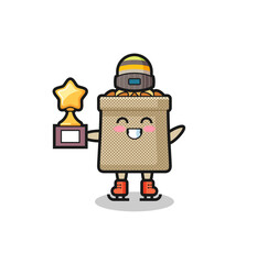 wheat sack cartoon as an ice skating player hold winner trophy