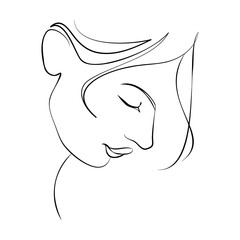 One continuous line hand drawn vector art with beautiful woman face in elegant curve. Black isolated on white background. Modern simplistic design for fashion, wall art, print, tattoo, cover, card.
