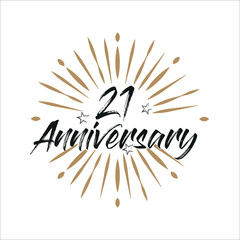 21  years anniversary retro vector emblem isolated template. Vintage logo 21st years with ribbon and fireworks on white background
