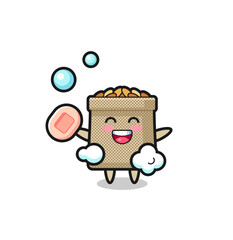 wheat sack character is bathing while holding soap