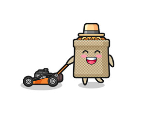 illustration of the wheat sack character using lawn mower