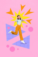 Vertical collage image of excited cheerful girl jumping hands touch headphones listen music isolated on painted background