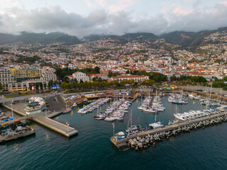 Fototapeta na wymiar Funchal Aerial View Evening Time. Funchal is the Capital and Largest City of Madeira Island in Portugal. Europe. 