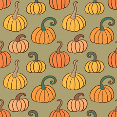 Seamless Pattern with Hand Drawn Pumpkin Design on Deep Green Background