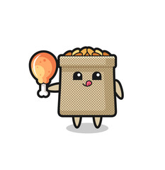 wheat sack cute mascot is eating a fried chicken