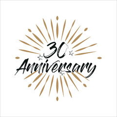 30 years anniversary retro vector emblem isolated template. Vintage logo 30th years with ribbon and fireworks on white background

