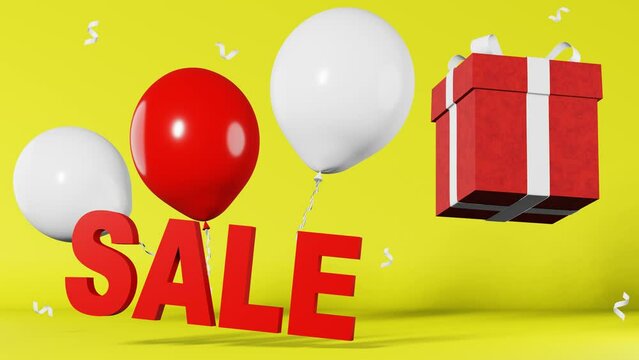 Sale text discount banner Hot offer Best price 3d animation yellow background. Red gift box levitating white balloons. Online shopping promotion. Shop coupon advertisement graphic poster template 4K