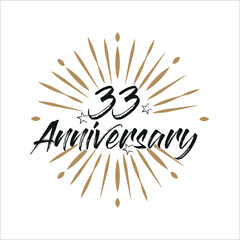 33 years anniversary retro vector emblem isolated template. Vintage logo 33rd years with ribbon and fireworks on white background
