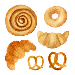 Watercolor home made pastry set isolated on white background. Hand-drawn sweet cinnamon rolls and croissants. Cozy Swedish fika clipart. Cute  coffee break food collection