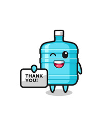 the mascot of the gallon water bottle holding a banner that says thank you